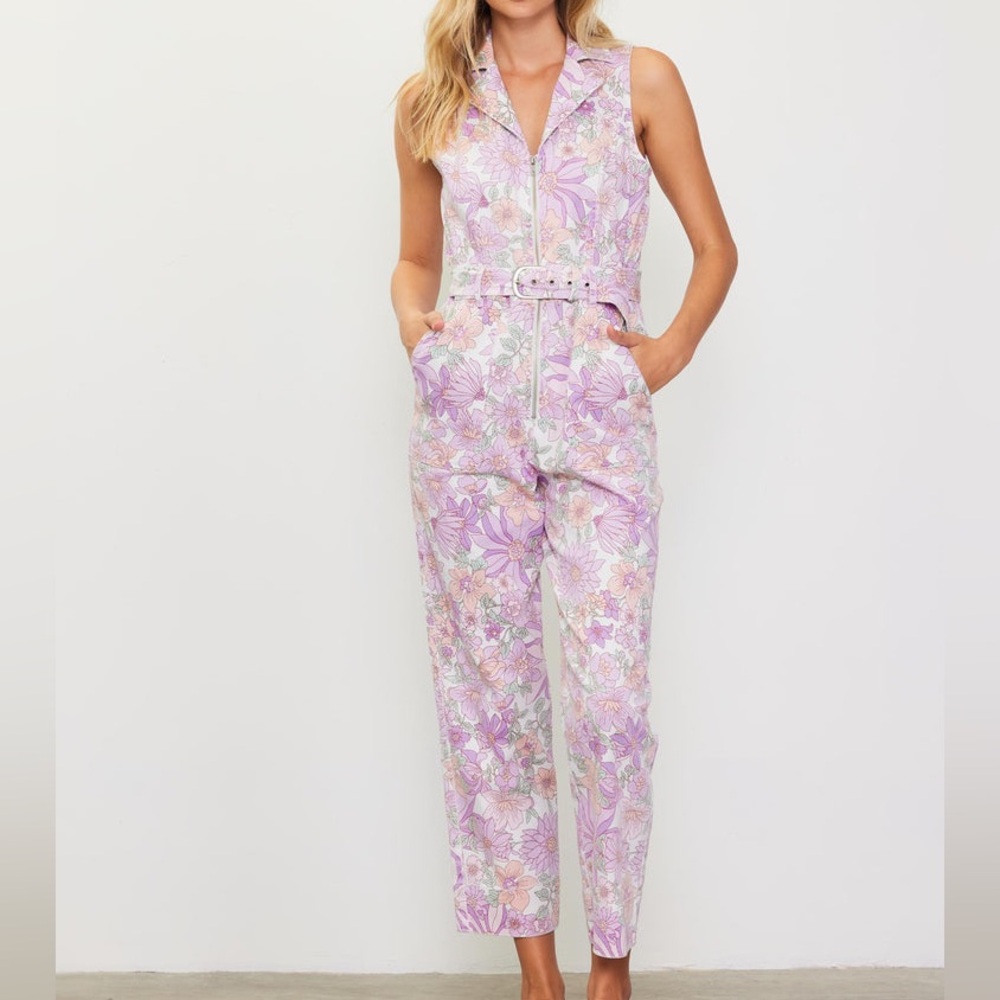 Retro Purple Floral Belted Denim Jumpsuit Zip-front Sleeveless Blossom Lavender